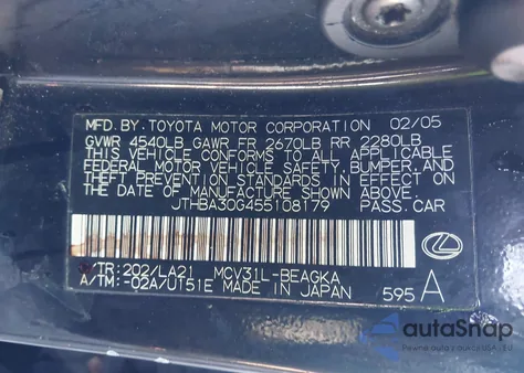 2005 Lexus Es 330 z USA, uszkodzony, nr VIN JTHBA30G455108179